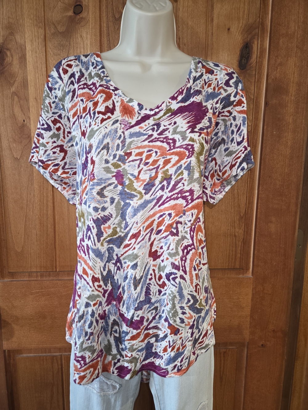 Nicole Miller Short Sleeve Linen Top in Purple,‎ Orange, Green, Blue